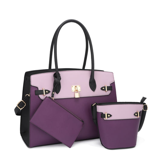 Fashion Padlock 3-in-1 Satchel, 30465 SET, Purple/Lavender/Black